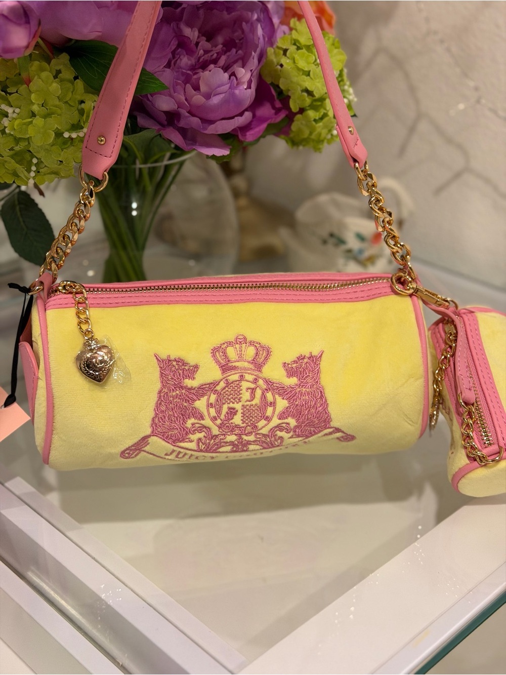 NWT Juicy Couture Limited Edition yellow iris Scottie dogs Heritage Barrel Bag